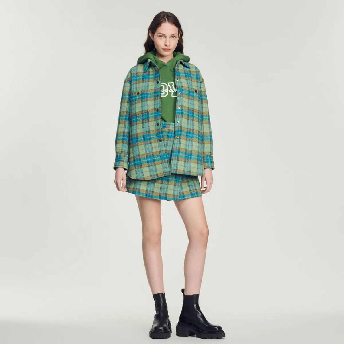 Cheap Checked Wool Overshirt Coat Women Matching Sets