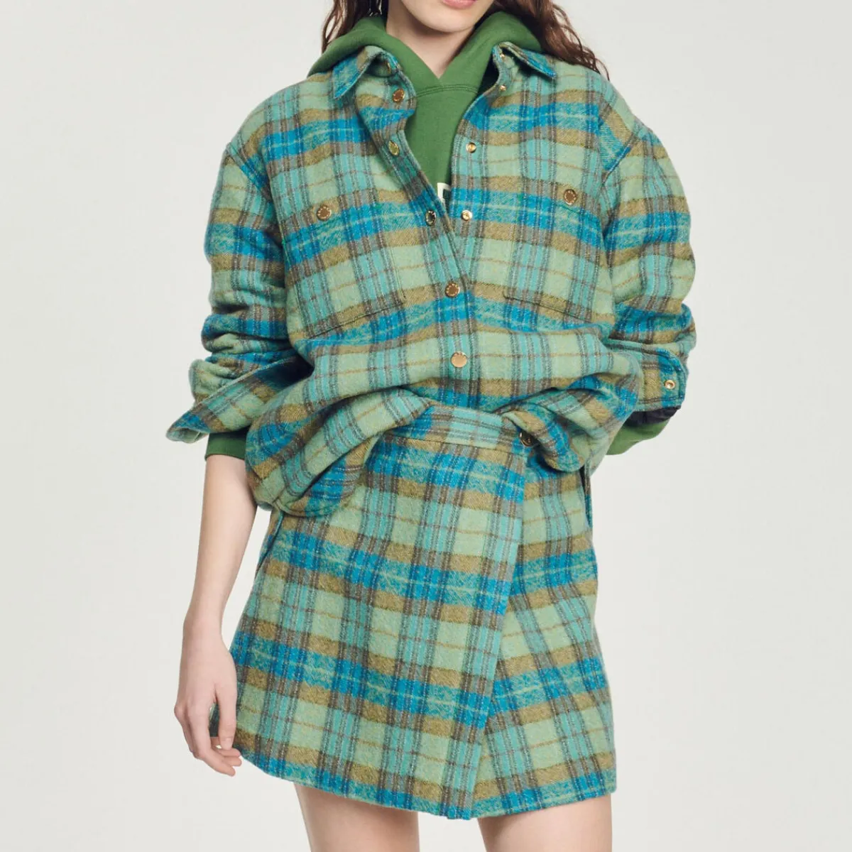 Cheap Checked Wool Overshirt Coat Women Matching Sets