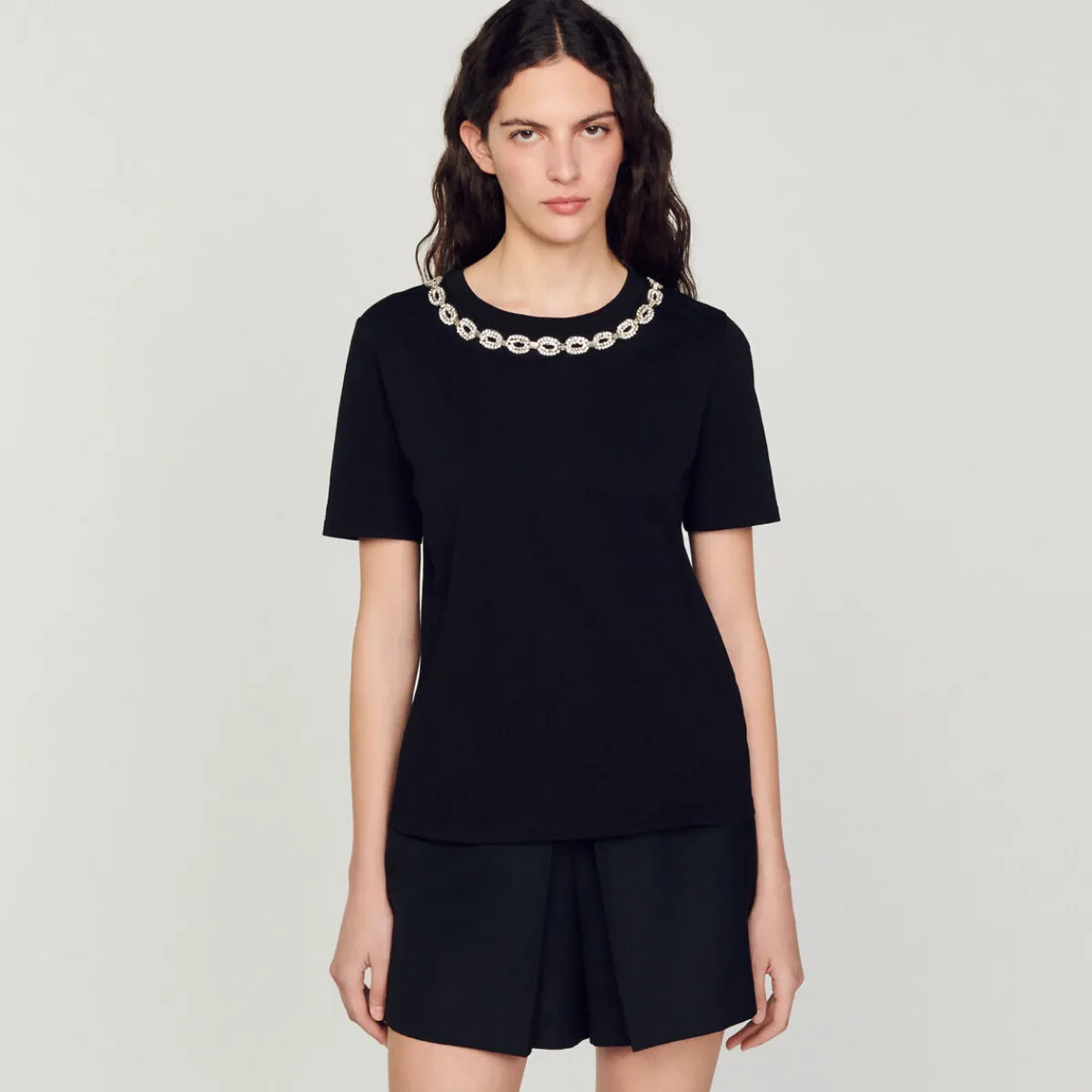 Hot Organic Cotton Jewelled Collar T-Shirt Women T-Shirts