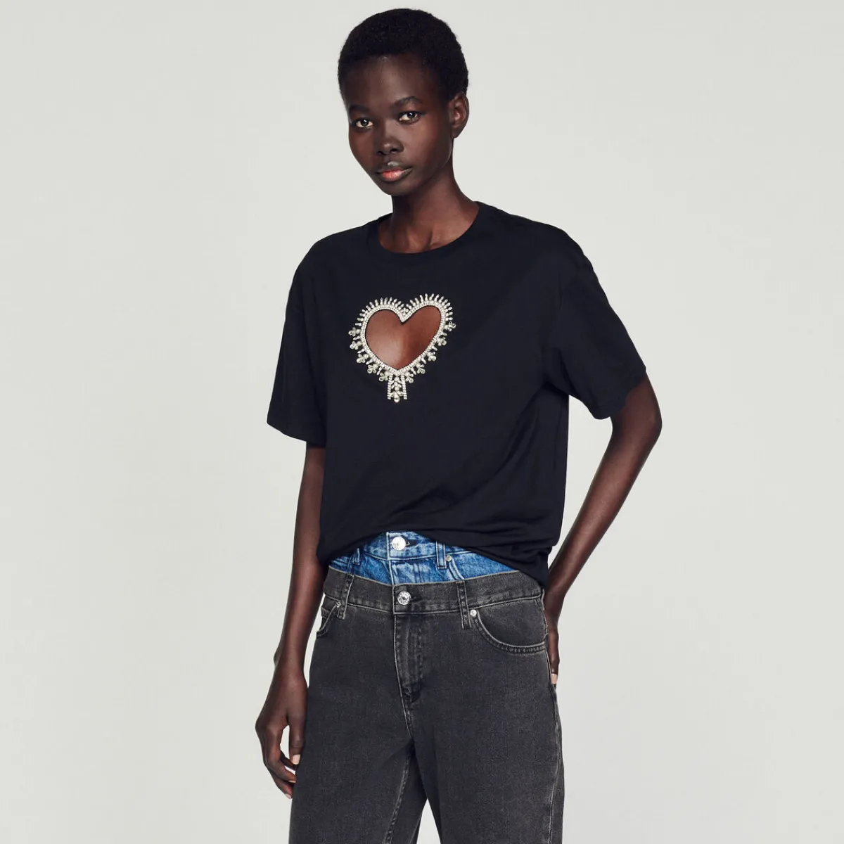 Cheap Organic Cotton Rhinestone Heart T-Shirt Women T-Shirts