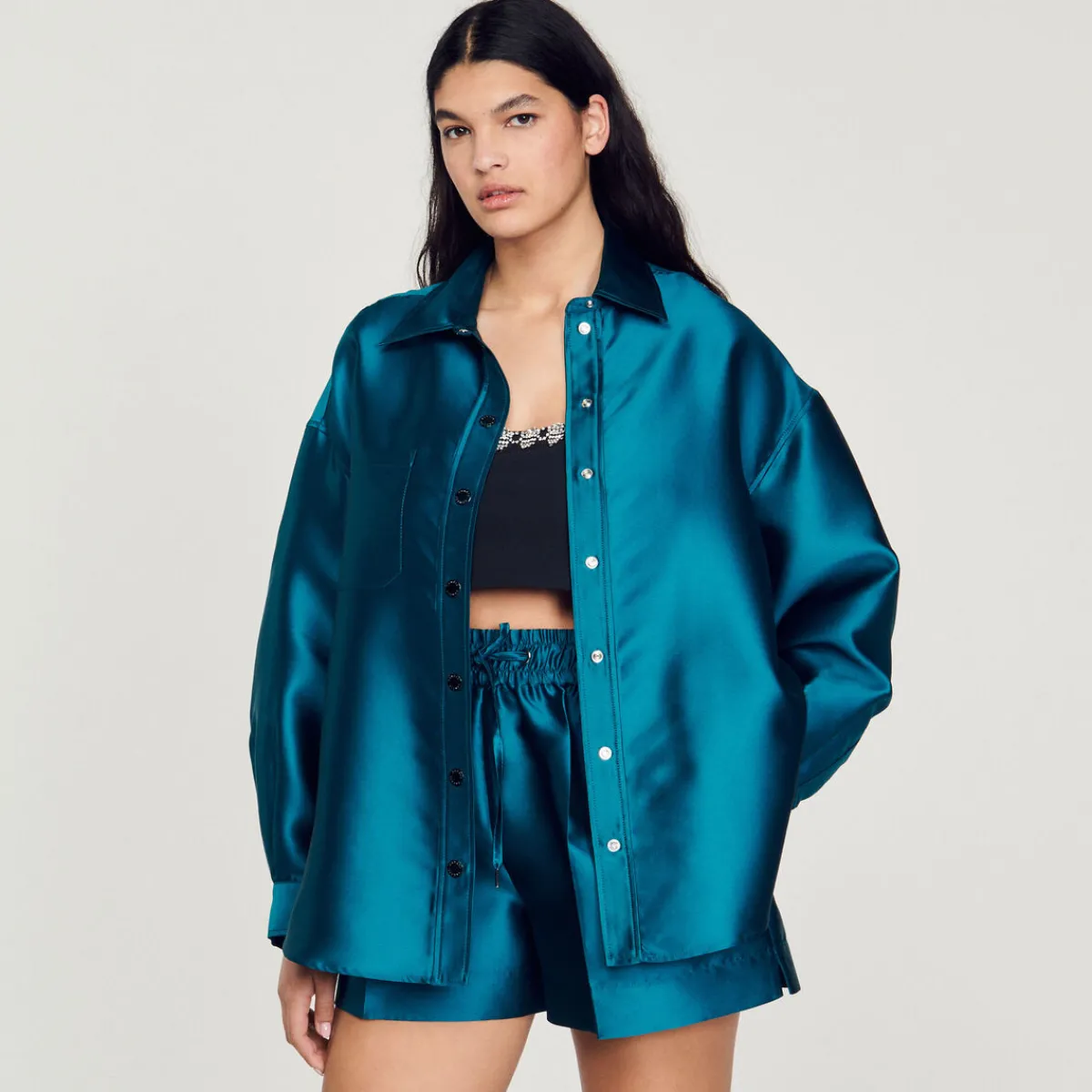 Discount Oversized Satiny Shirt Women Matching Sets
